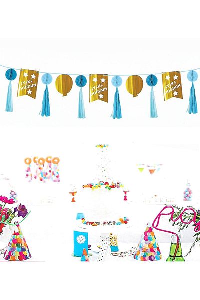 Kazanabil Rows of Honeycomb Ornate Metallic Happy Birthday Pennant Wall Ornament Blue