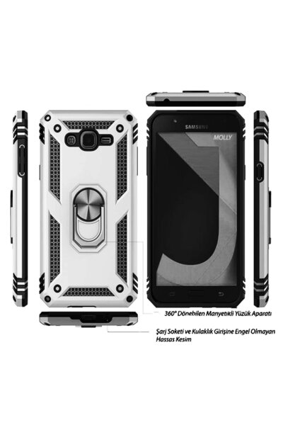 Molly Galaxy J7 Core Uyumlu Gümüş Megatron Yüzüklü Silikon Pc Kılıf