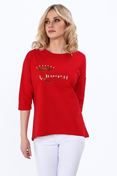 fasardi Kadın Kırmızı Queen Baskılı Bluz 4086