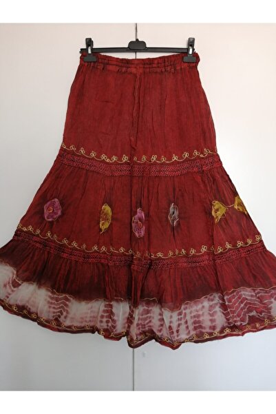 Butik Tülin Otantik Krep Şifon Kırmızı Batik Uzun Hint Etek