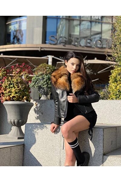 Milano Calvino سترة جلدية بياقة فرو نسائية