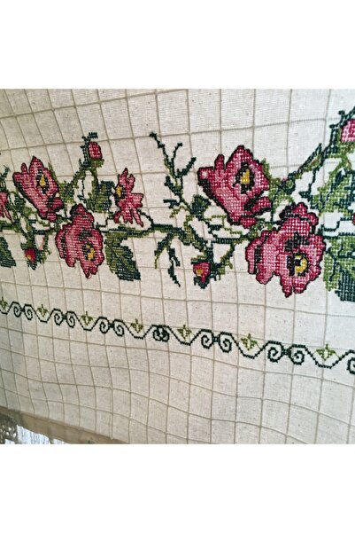 Yavuz Tekstil Üç Farklı Ebat Kanaviçe Perde- Gül Demet Kırmızı Renk 150x180 Cm