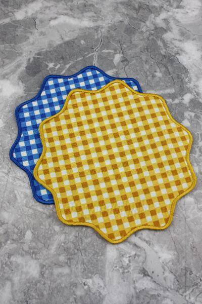 WEARE2 Sarı Ve Mavi Ekoseli Pötikare Nakışlı 2'li Kokteyl Peçetesi