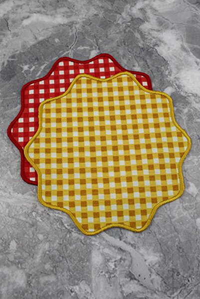 WEARE2 Sarı Ve Kırmızı Ekoseli Pötikare Nakışlı 2'li Kokteyl Peçetesi