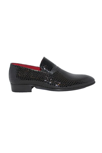 ARONAY Men's Black Leather Snakeskin Look Shiny Classic Shoes