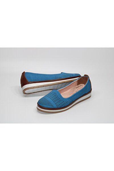 MND Kahverengi-Mavi Delikli Düz Taban Bağsız Ortopedik Günlük Rahat Ayakkabı