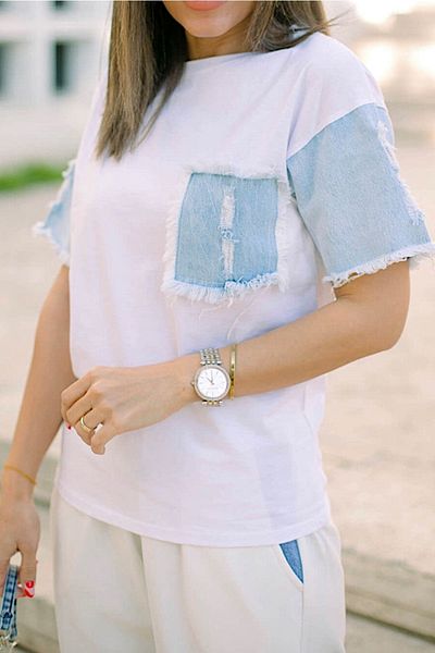 FEMELLE Tricou alb din bumbac denim pentru femei