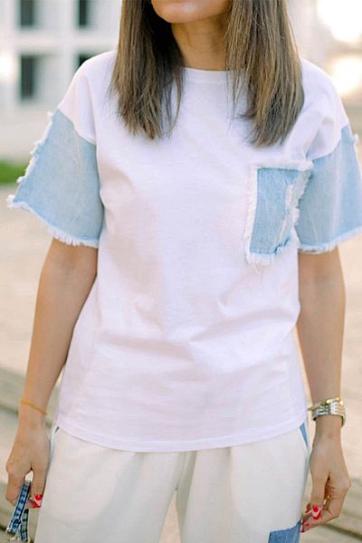 FEMELLE Tricou alb din bumbac denim pentru femei