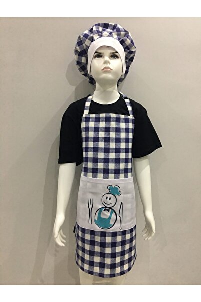 Adalilar Παιδική στολή μαγειρικής Ζαρτιέρες Ποδιά κουζίνας Καπάκι Νηπιαγωγείο Παιδική Στολή Νηπιαγωγείου (μπλε καρό)