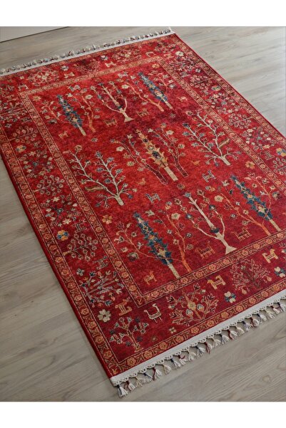 Just Arte Kırmızı Salon Halısı Örgü Saçaklı Dekoratif Kilim Makinada Yıkanabi...