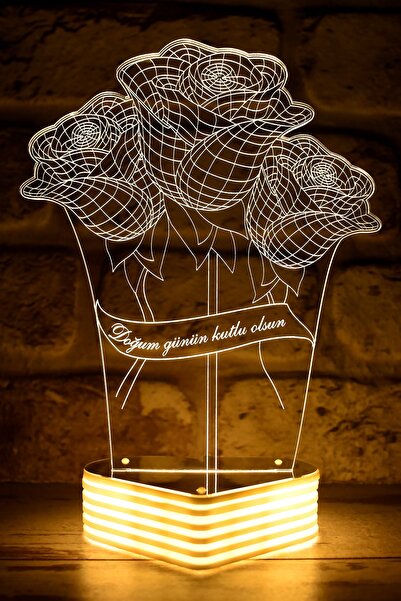 Hediye Kovanı 3D Looking Rose Visual Birthday Message Led Lamp