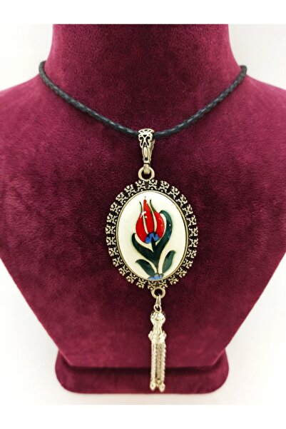 Dost Art Hediyelik El Boyama Çini Lale Desenli Gümüş Kaplama Kolye