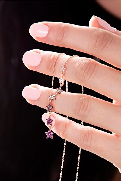 Bilsen Store 925 Ayar Gümüş Zincirli Rose Kaplama Kızıl Renk Geçişli Sıralı Yıldız Kolye