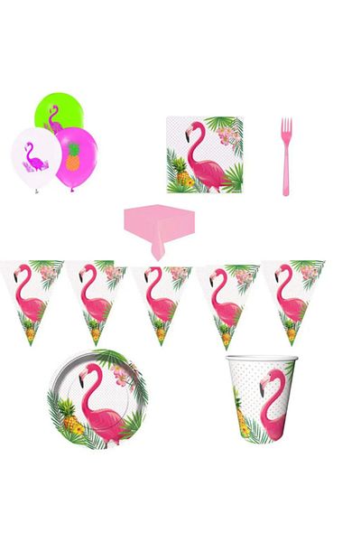 Hayaller Dükkanı Flamingo 1-3-4 Economical Birthday Ornaments and Party Set for 8 People-