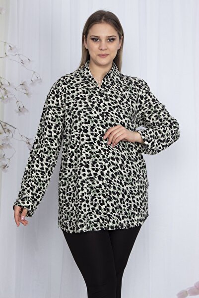 Şans Women's Large Size Green Patterned Classic Blouse 65n23606