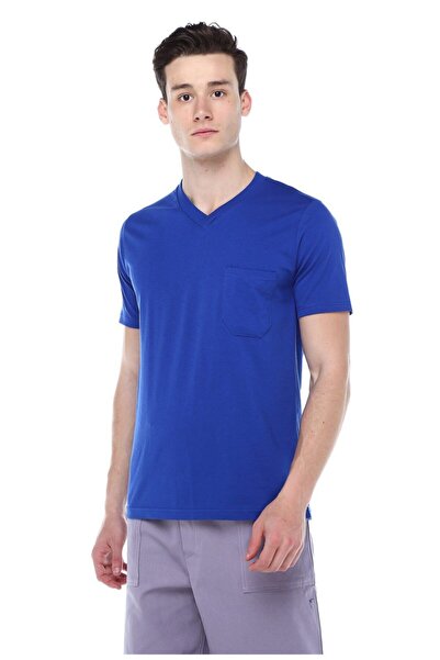 AĞCA İŞ ELBİSELERİ تي شيرت أزرق برقبة على شكل حرف V، 100% قطن