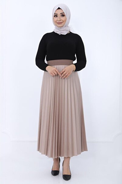 Nacar Kadın Bej Deri Görünümlü Piliseli Etek