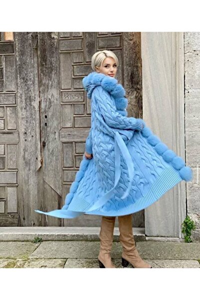 Milano Calvino Kadın Kürklü Uzun Triko Hırka