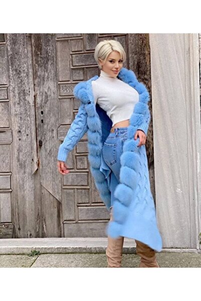 Milano Calvino Kadın Kürklü Uzun Triko Hırka