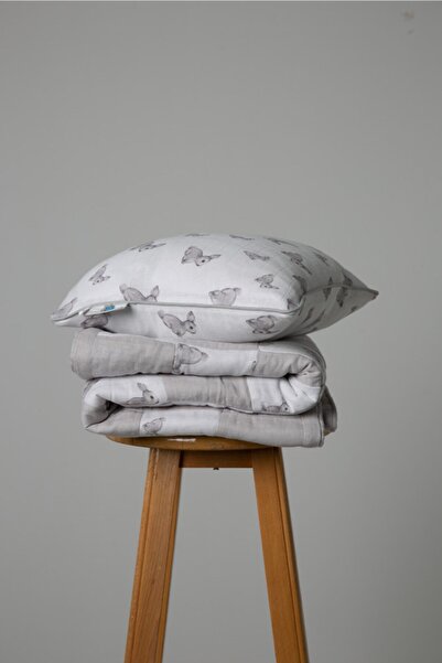 DEUX LAPINS Iconique Lapin Patterned - Gray Rabbit Muslin Baby Pillow, 100% Cotton