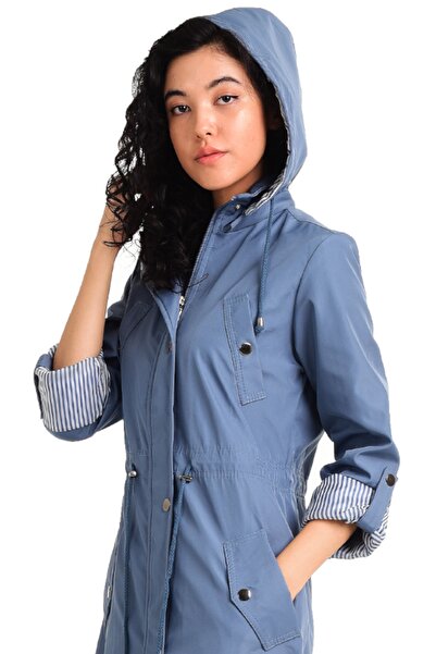 fehika Жіночий синій водовідштовхувальний тренч з капюшоном нижче коліна, підкладкою, блискавкою та стяжкою на талії