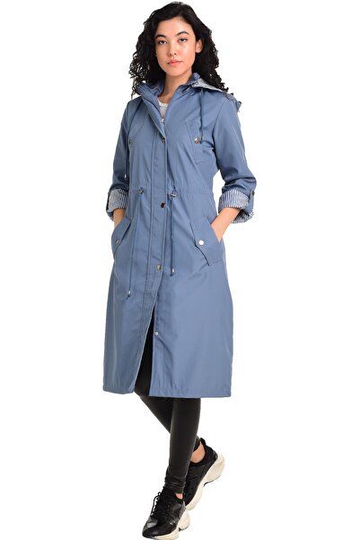 fehika Жіночий синій водовідштовхувальний тренч з капюшоном нижче коліна, підкладкою, блискавкою та стяжкою на талії