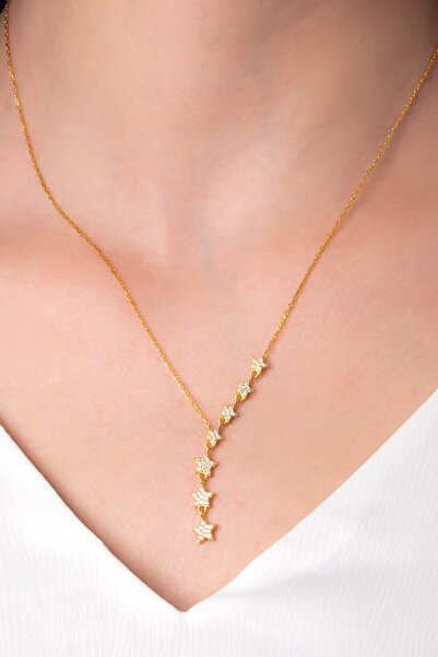 Bilsen Store Kadın 925 Ayar Gümüş Zincirli Beyaz Taşlı Altın Kaplama Sıralı Y...