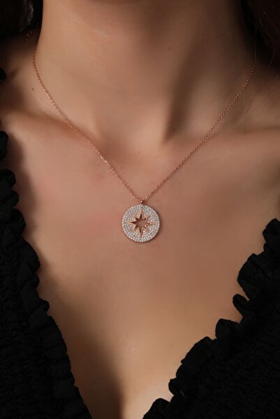 Bilsen Store 925 Ayar Gümüş Zincirli Rose Kaplama Zirkon Taşlı Kutup Yıldızı Model Kolye