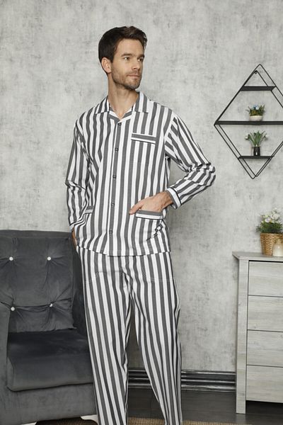 Kocabey Men's Navy Blue Nostalgic Striped Gaffur Cotton Pajama Set 4007
