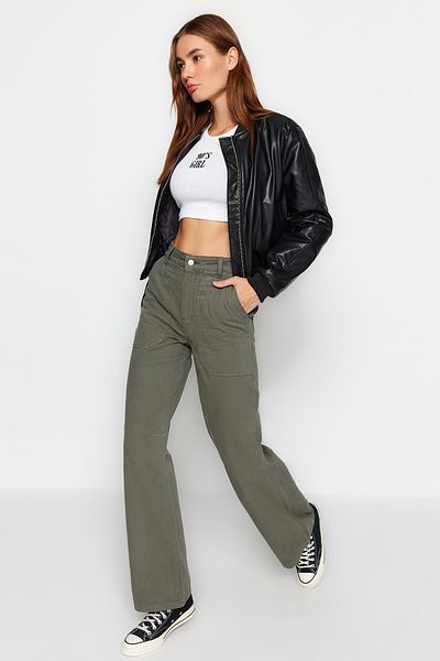Trendyol Collection Khaki High Waist Wide Leg Jeans with Pocket Detail TWOAW24JE00200