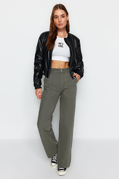 Trendyol Collection Khaki High Waist Wide Leg Jeans with Pocket Detail TWOAW24JE00200