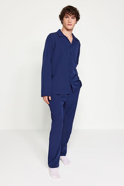 Trendyol Collection Σετ υφαντές πιτζάμες Navy Blue με κανονική εφαρμογή TMNAW24PT00057