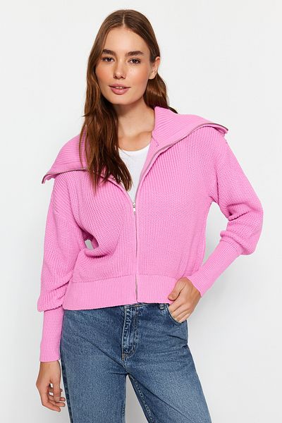 Trendyol Collection Розова трикотажна жилетка с цип и широка шарка с отложна яка TWOAW24HI00072