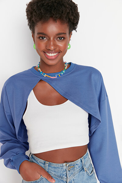 Trendyol Collection Indigó aszimmetrikus Super Crop Crew nyakú vékony kötött pulóver TWOAW23SW00531