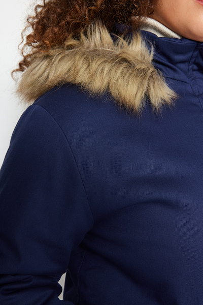 Trendyol Curve Navy Blue Furry Hooded Parka - TBBAW24AW00022