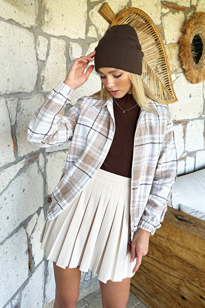 Trend Alaçatı Stili Dámská béžová vzorovaná sezónní bomber bunda na zip s elastickým pasem Alc-X10775