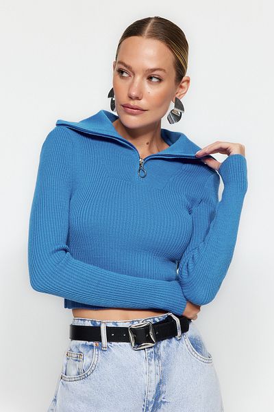 Trendyol Collection Pulover de tricotaj cu fermoar detaliat albastru TWOAW24KZ01208