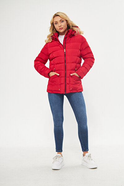 DYNAMO Women's Red Puffer Jacket with Removable Hood 5014