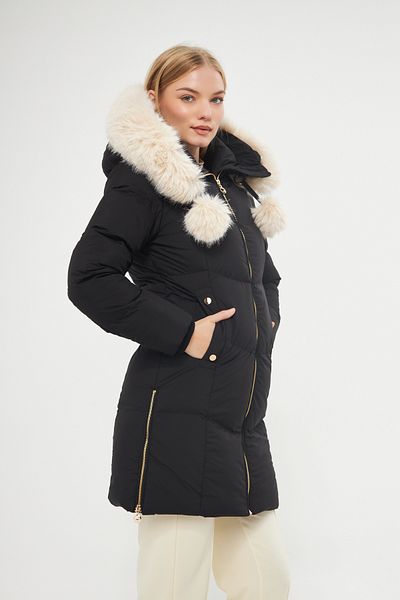DYNAMO Women's Black Hooded Fur Lined Thick Coat 5304