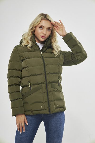 DYNAMO Women's Khaki Puffer Jacket with Removable Hood 5014