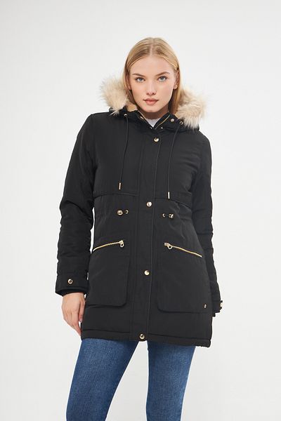 DYNAMO Women's Black Hooded Thick Coat with Removable Fur Lining on the Hood 5565-1