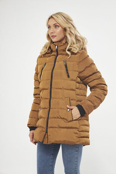 DYNAMO Women's Camel Hood Removable Comfortable Fit Thick Short Coat 5010