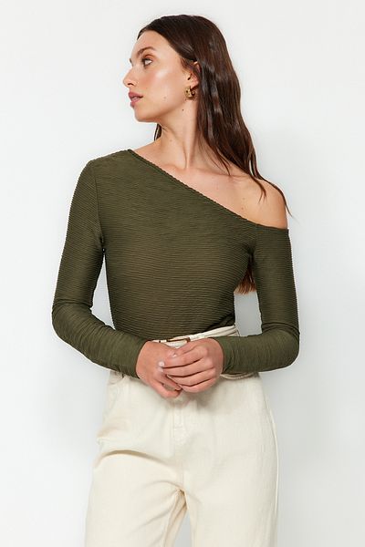Trendyol Collection Khaki Jacquard Fitted/Body-Sitting Asymmetric Collar Knitted Body TWOAW24BD00055