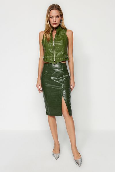 Trendyol Collection KHaki műkígyóbőr hasított midi szoknya – limitált kiadás, TWOAW23ET00260