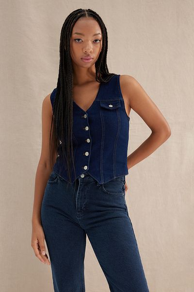 Trendyol Collection Tmavě modrá džínová vesta s výstřihem do V Twoaw24Ye00072