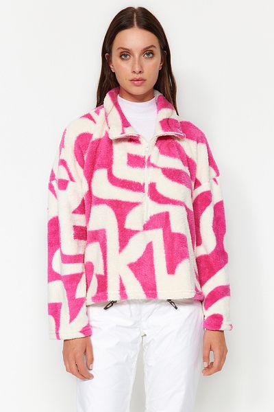 Trendyol Collection Fuchsia Dickes Fleece-gemustertes, langärmliges Strick-Sweatshirt mit Stehkragen und Reißverschluss TWOAW24SW00045