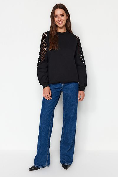 Trendyol Collection Černá síťovina Detailní Tlustý vnitřní fleece Regular/Normal Fit Pletená mikina TWOAW24SW00134