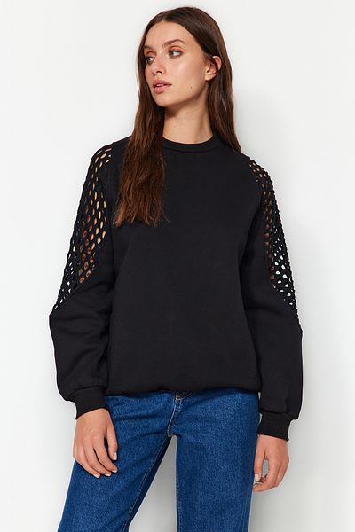 Trendyol Collection Černá síťovina Detailní Tlustý vnitřní fleece Regular/Normal Fit Pletená mikina TWOAW24SW00134
