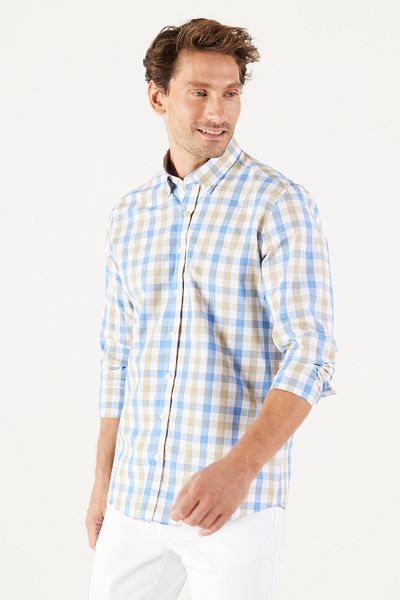 AC&Co / Altınyıldız Classics Férfi bézs-kék karcsú szabású Slim Fit gombos galléros pamut kockás ing