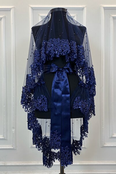 ZEYMERADE طقم طرحة زفاف باللون الأزرق الداكن فيب أزرق داكن، طقم طرحة زفاف مخر...